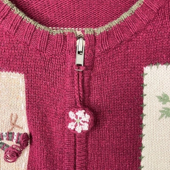 Croft & Barrow Wool Angora Snowman Christmas Tree Burgundy Full Zip Sweater Sz L - Picture 2 of 16
